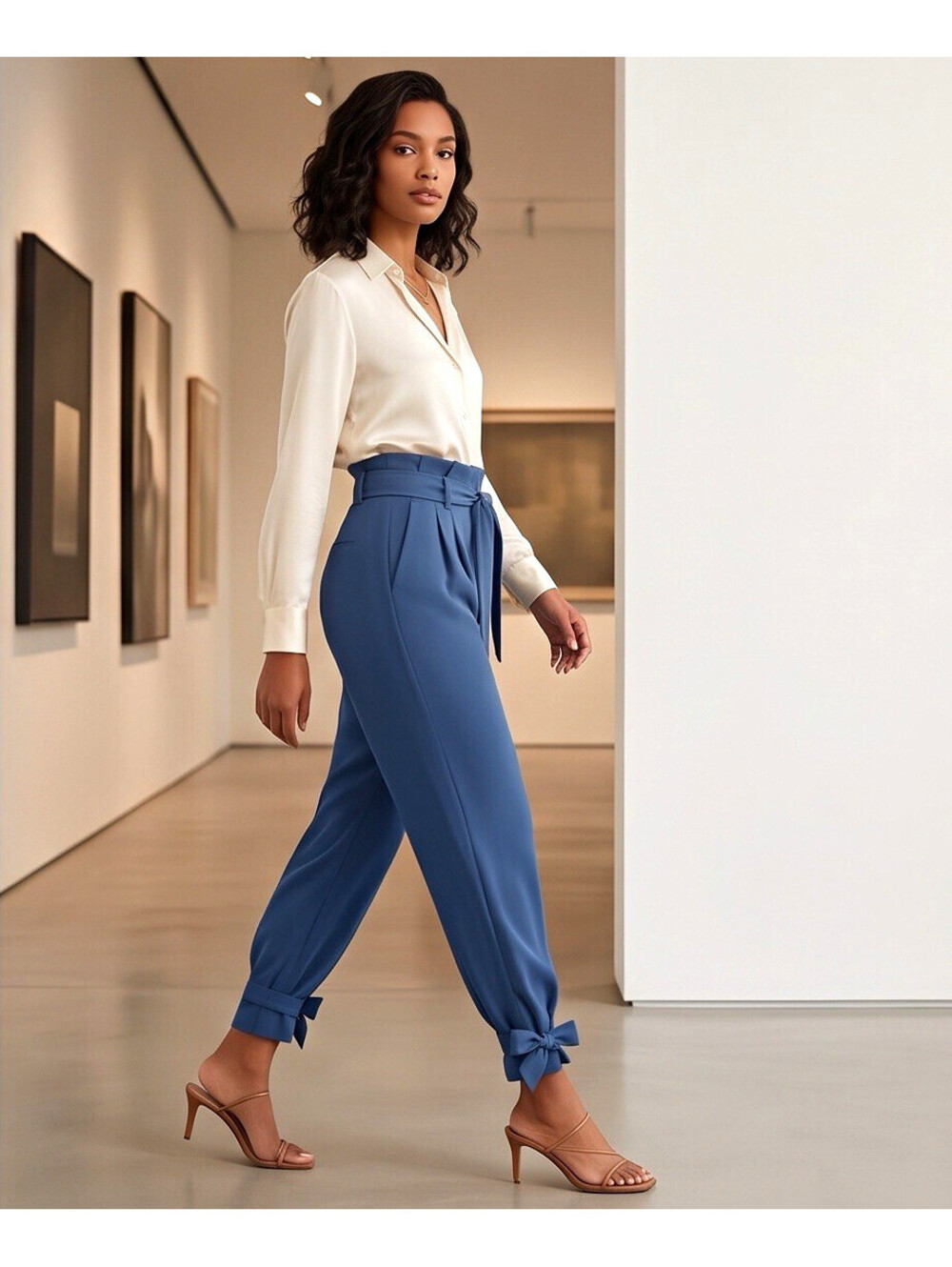 GRACE KARIN Women’s Size 8 Blue High Waist Cropped Ankle Pants Tie Bow
